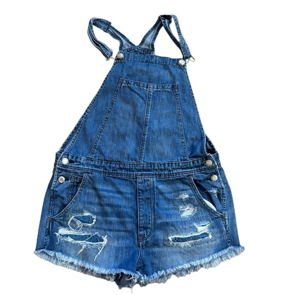 American Eagle Short Distressed Overalls Women’s Medium Blue Jeans Beach Summer - Picture 2 of 13
